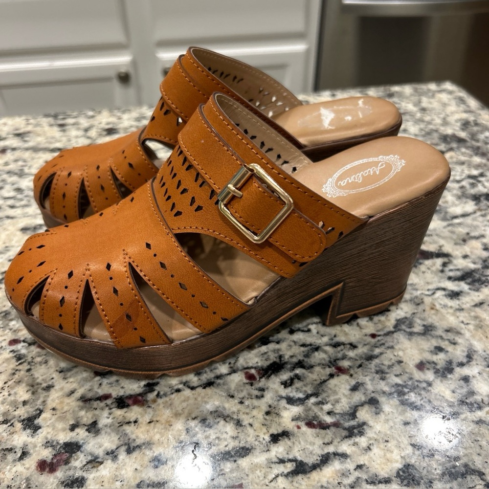Boho Tan Cutout Wedge Clogs